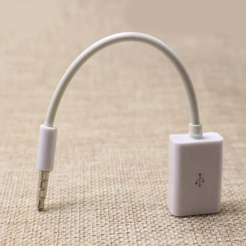 White 18cm USB 2.0 to 3.5mm AUX audio converter cable for car stereo with male jack and female USB connectors