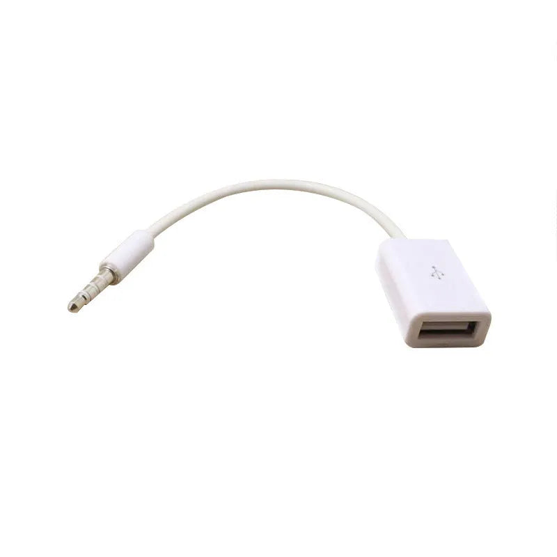 White 18cm USB 2.0 to 3.5mm AUX audio converter cable for car stereo with male jack and female USB connectors