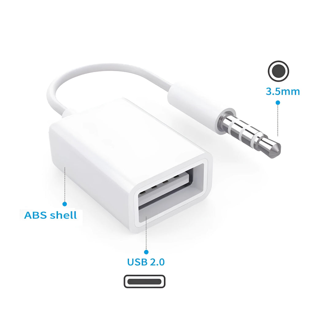 White 18cm USB 2.0 to 3.5mm AUX audio converter cable for car stereo with male jack and female USB connectors