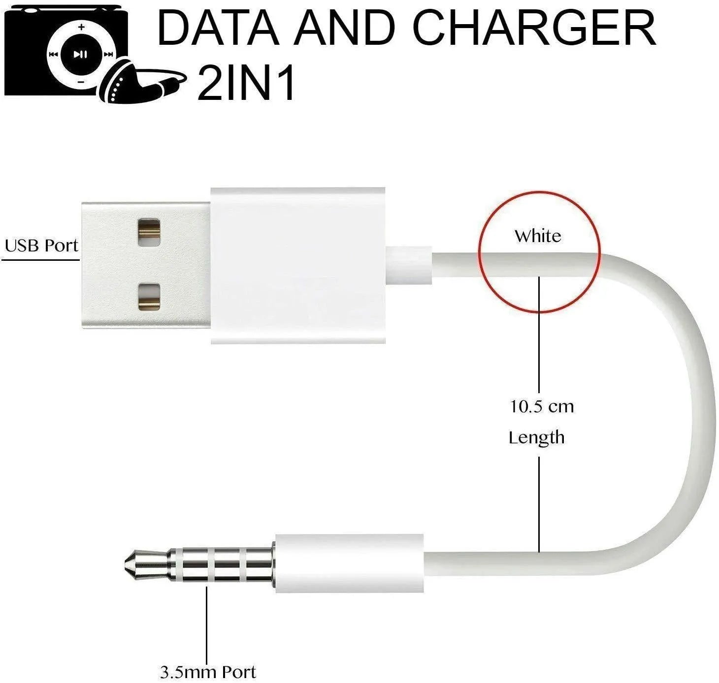 White 18cm USB 2.0 to 3.5mm AUX audio converter cable for car stereo with male jack and female USB connectors