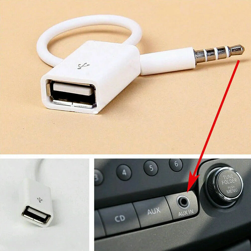 White 18cm USB 2.0 to 3.5mm AUX audio converter cable for car stereo with male jack and female USB connectors