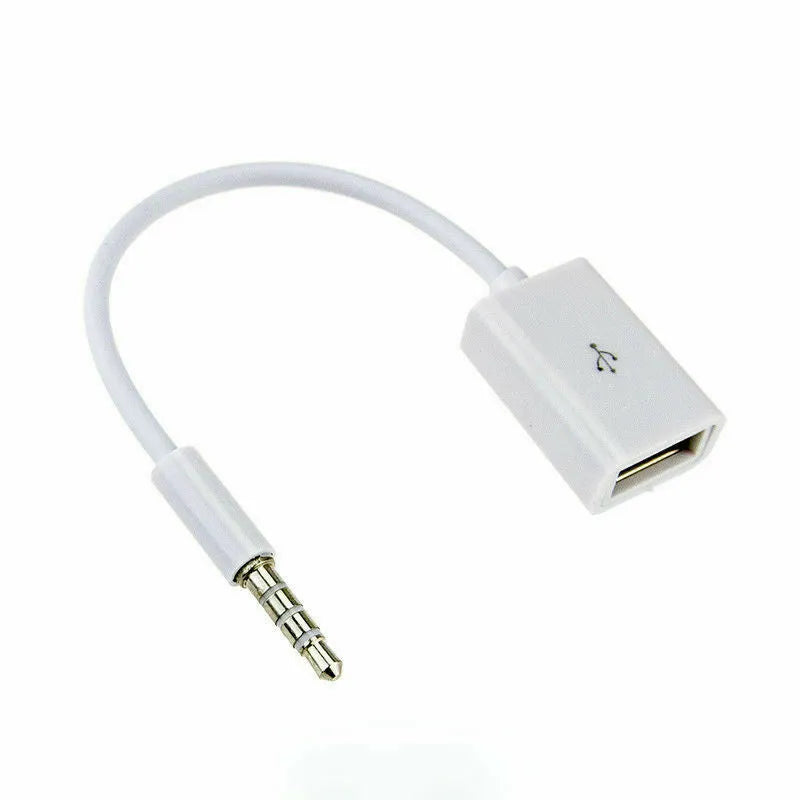 White 18cm USB 2.0 to 3.5mm AUX audio converter cable for car stereo with male jack and female USB connectors