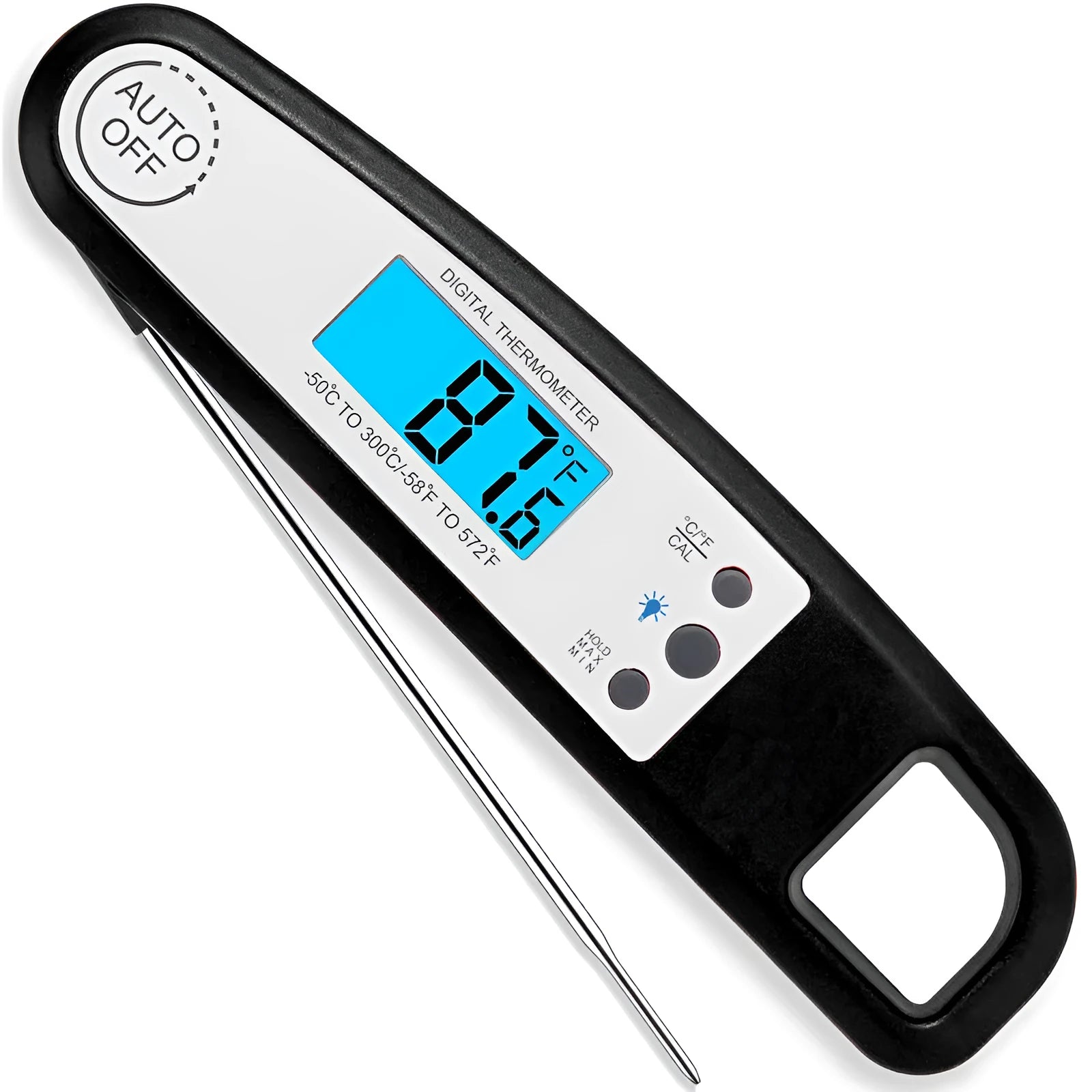 Digital food thermometer probe with ABS plastic body, black colour, and temperature display for cooking meat and baked goods