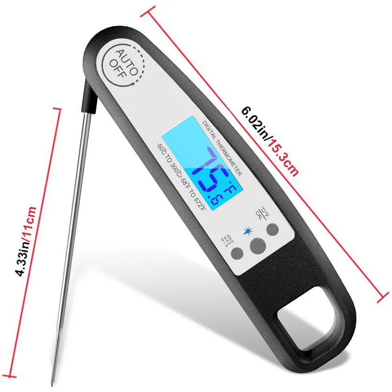 Digital food thermometer probe with ABS plastic body, black colour, and temperature display for cooking meat and baked goods
