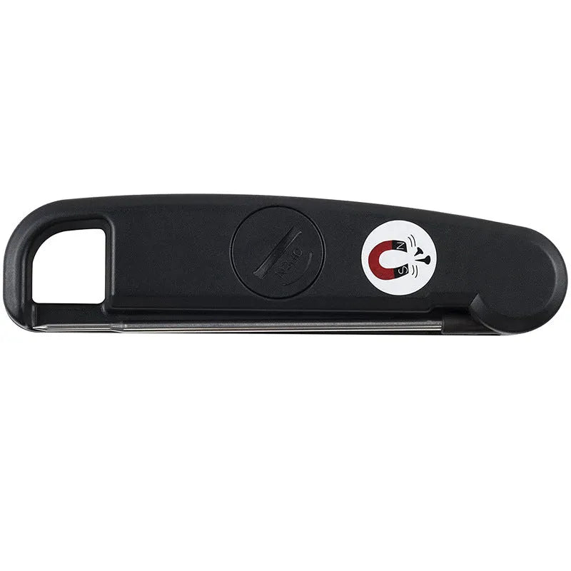 Digital food thermometer probe with ABS plastic body, black colour, and temperature display for cooking meat and baked goods