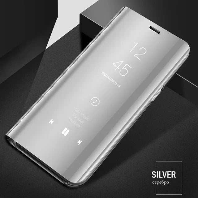 Samsung Galaxy mirror flip phone case in black showing front mirror and kickstand deployed.