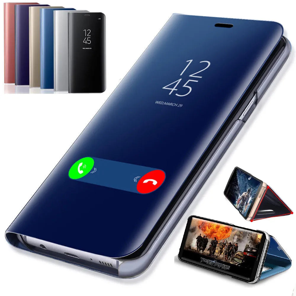 Samsung Galaxy mirror flip phone case in black showing front mirror and kickstand deployed.
