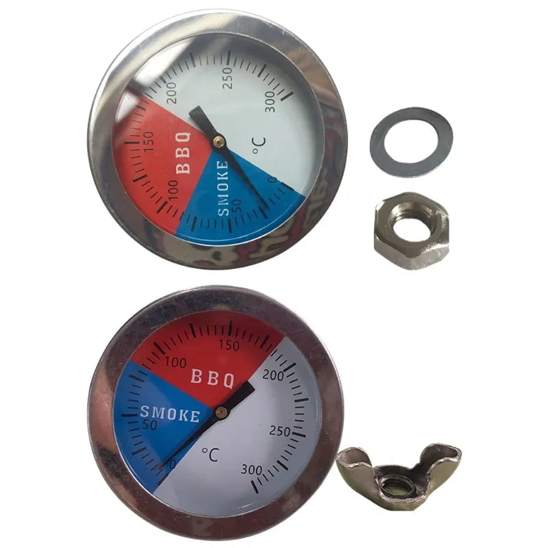 Bimetal oven thermometer with large glass dial showing temperature markings, metal probe, on a neutral background
