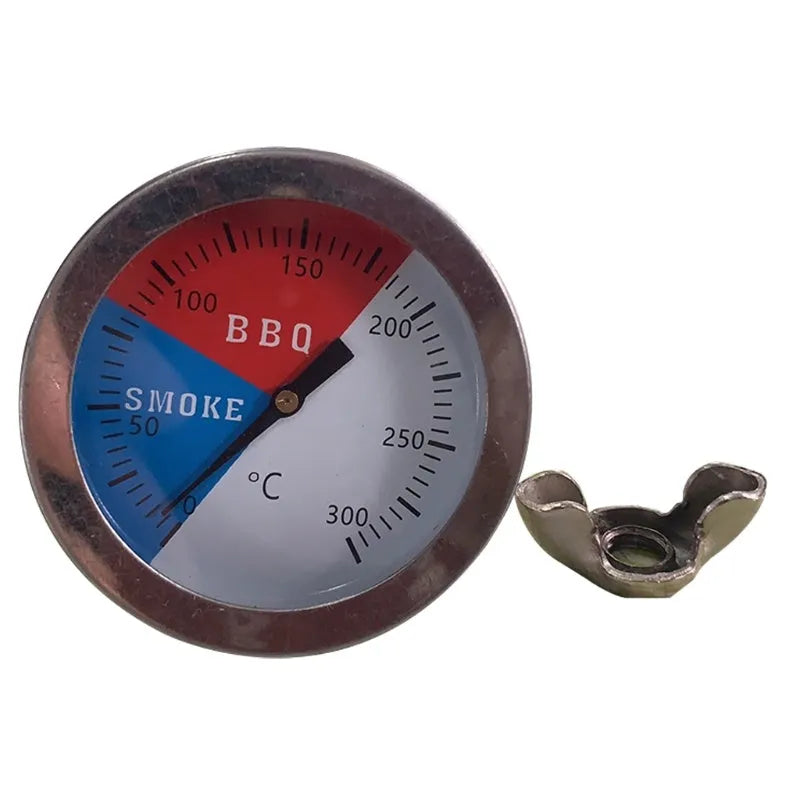 Bimetal oven thermometer with large glass dial showing temperature markings, metal probe, on a neutral background