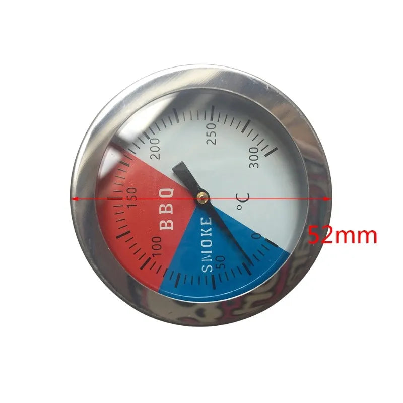 Bimetal oven thermometer with large glass dial showing temperature markings, metal probe, on a neutral background