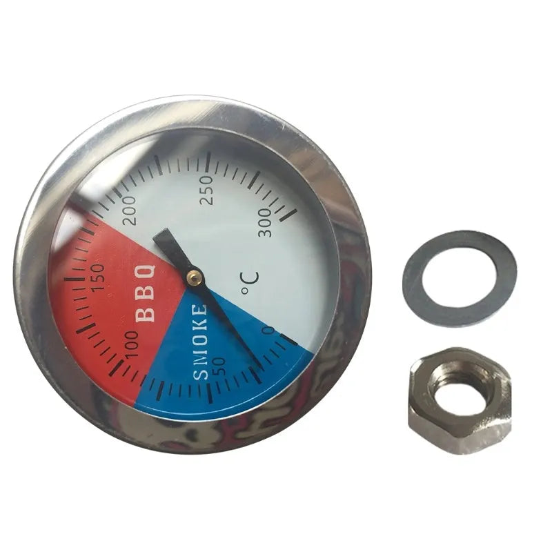 Bimetal oven thermometer with large glass dial showing temperature markings, metal probe, on a neutral background