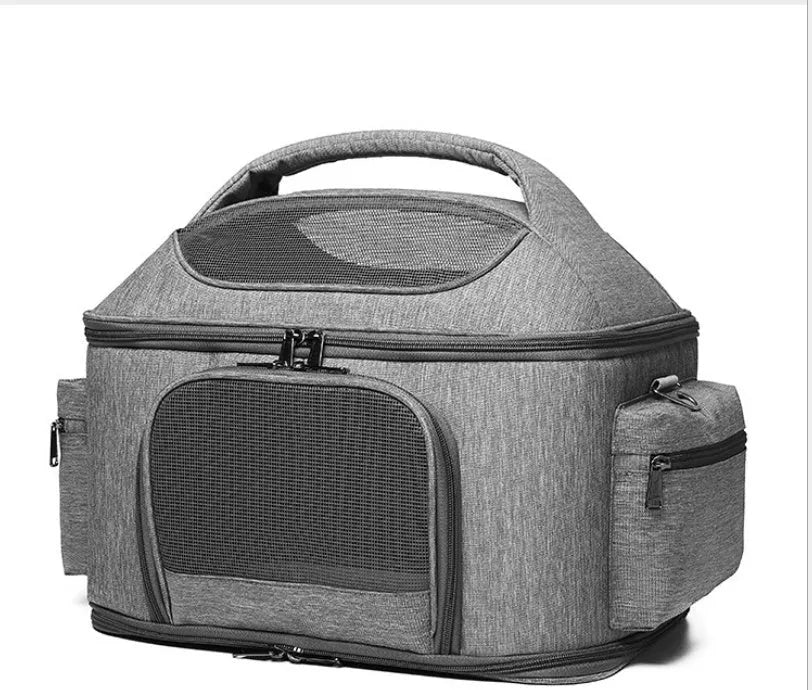 Portable linen pet cat bag, size M, 42x34x30cm, grey or green, shoulder and crossbody carrier