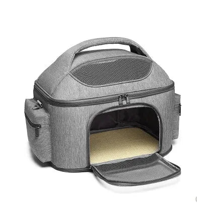 Portable linen pet cat bag, size M, 42x34x30cm, grey or green, shoulder and crossbody carrier