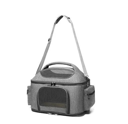 Portable linen pet cat bag, size M, 42x34x30cm, grey or green, shoulder and crossbody carrier