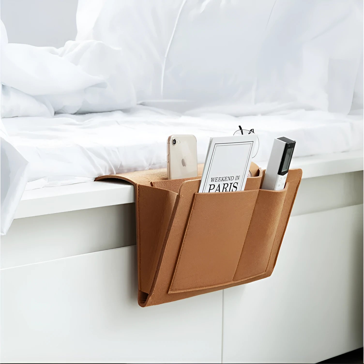 Felt bedside storage bag with multiple pockets in light grey, 30x20x10 cm, for remote controls and books