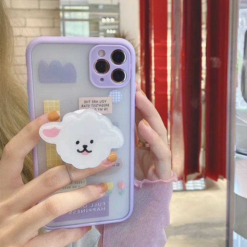 Frosted painted TPU mobile phone case with a flip-out stand, shown on the back of an iPhone.