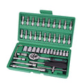 Green 46-piece alloy steel socket tool set with ratchet and case for automotive repair.