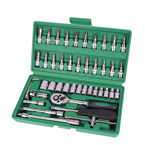 Green 46-piece alloy steel socket tool set with ratchet and case for automotive repair.