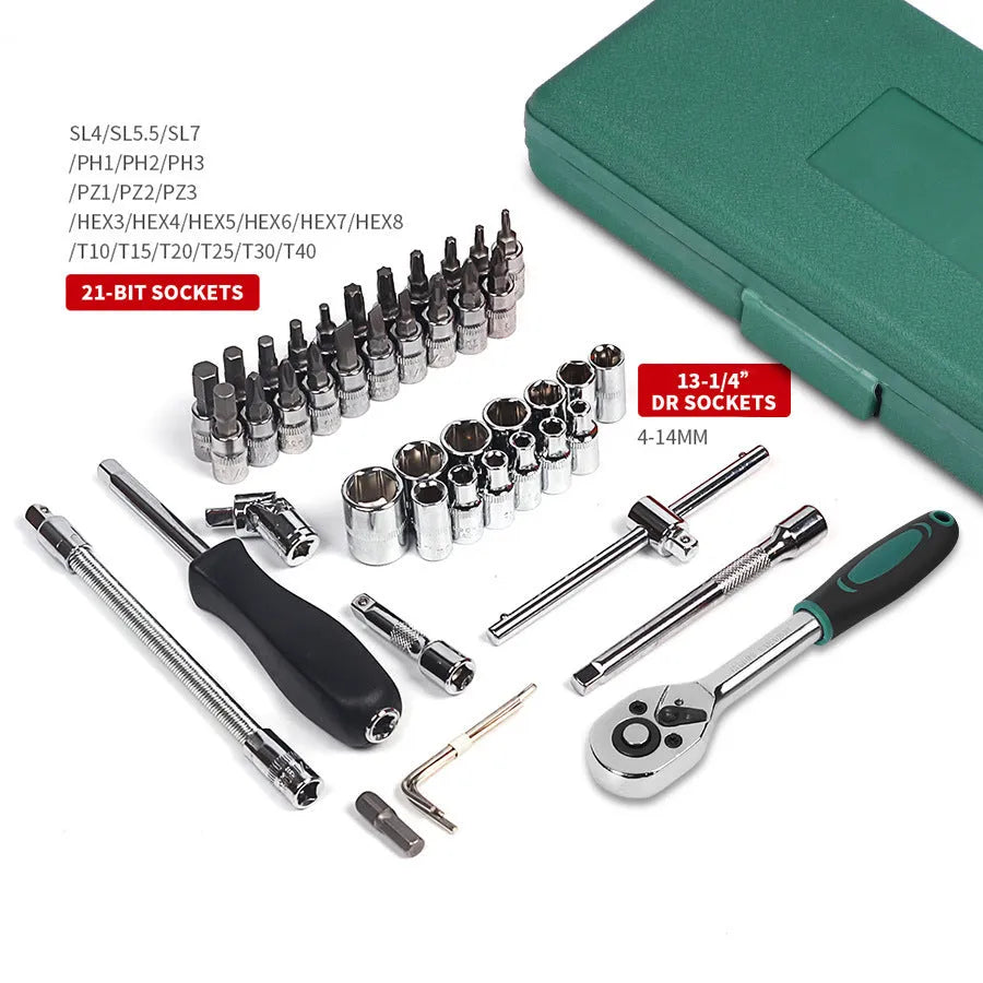 Green 46-piece alloy steel socket tool set with ratchet and case for automotive repair.
