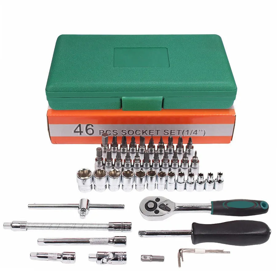 Green 46-piece alloy steel socket tool set with ratchet and case for automotive repair.