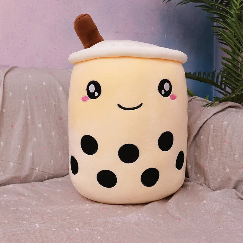 Cute fruit drink plush cushion in pink strawberry shape with embroidered face on short plush fabric