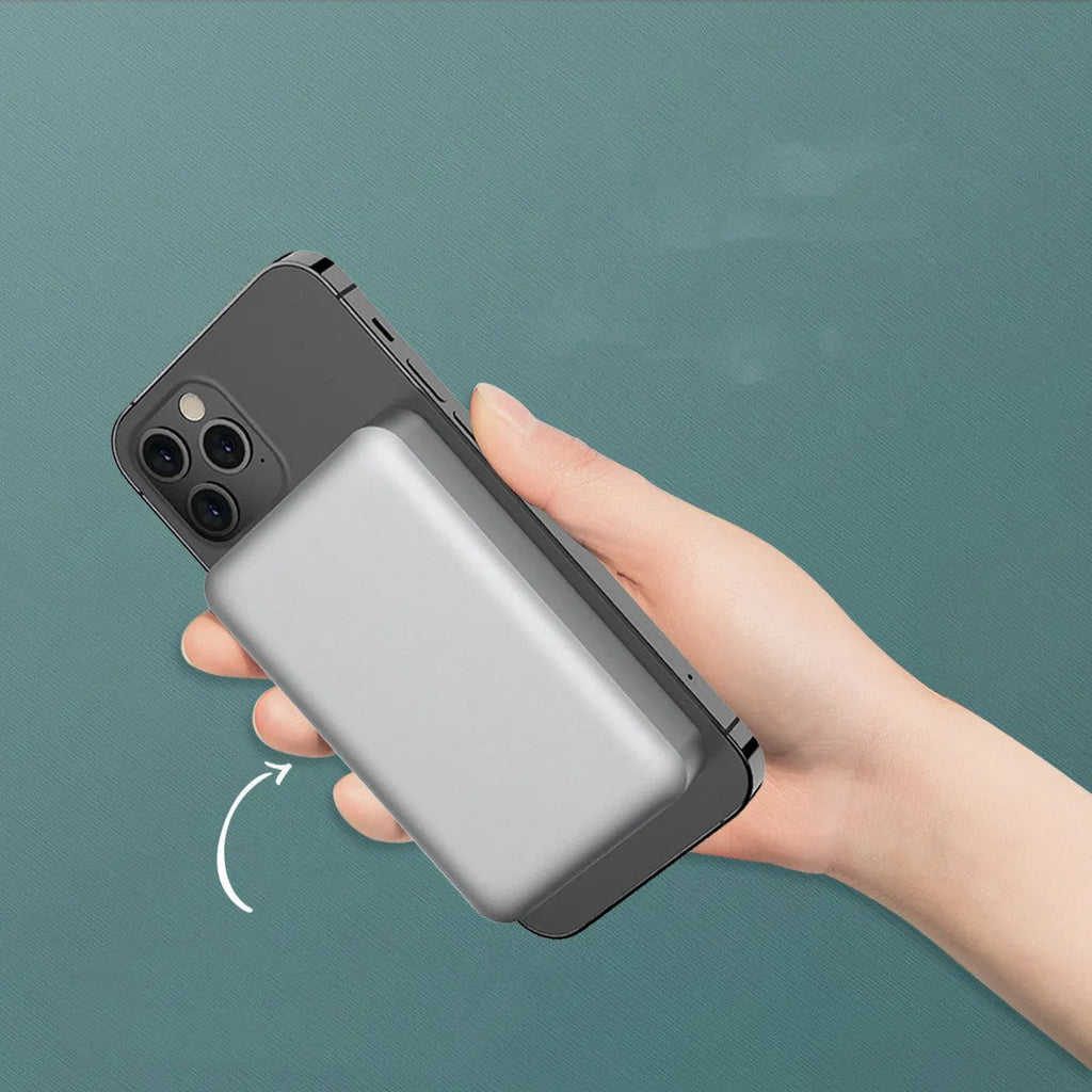 Silver aluminium wireless magnetic charging power bank for Apple devices, showing front and side views.