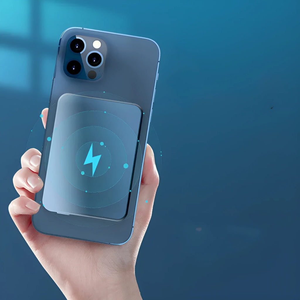 Silver aluminium wireless magnetic charging power bank for Apple devices, showing front and side views.