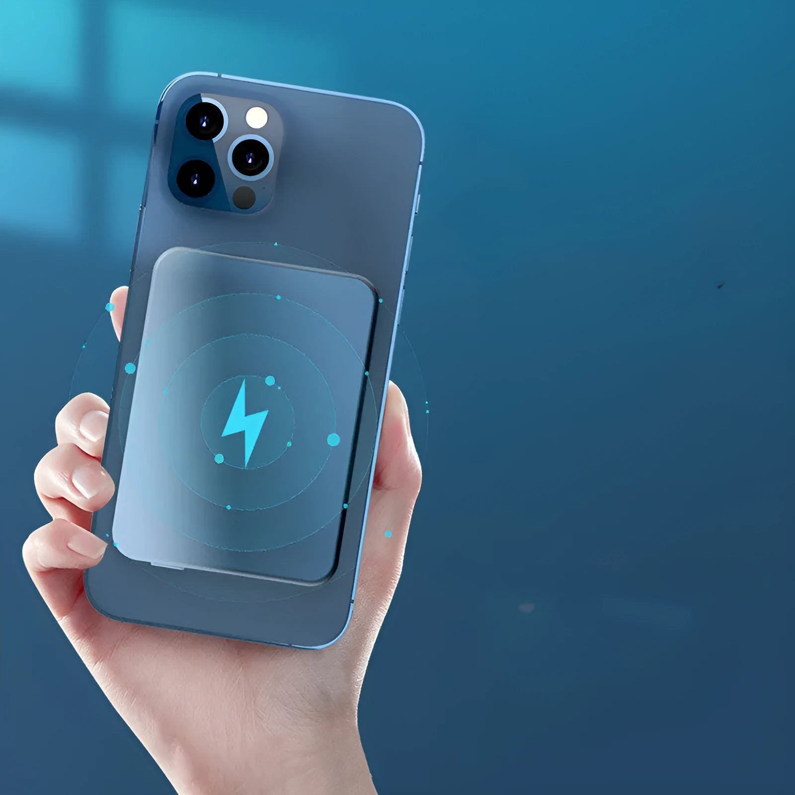Silver aluminium wireless magnetic charging power bank for Apple devices, showing front and side views.
