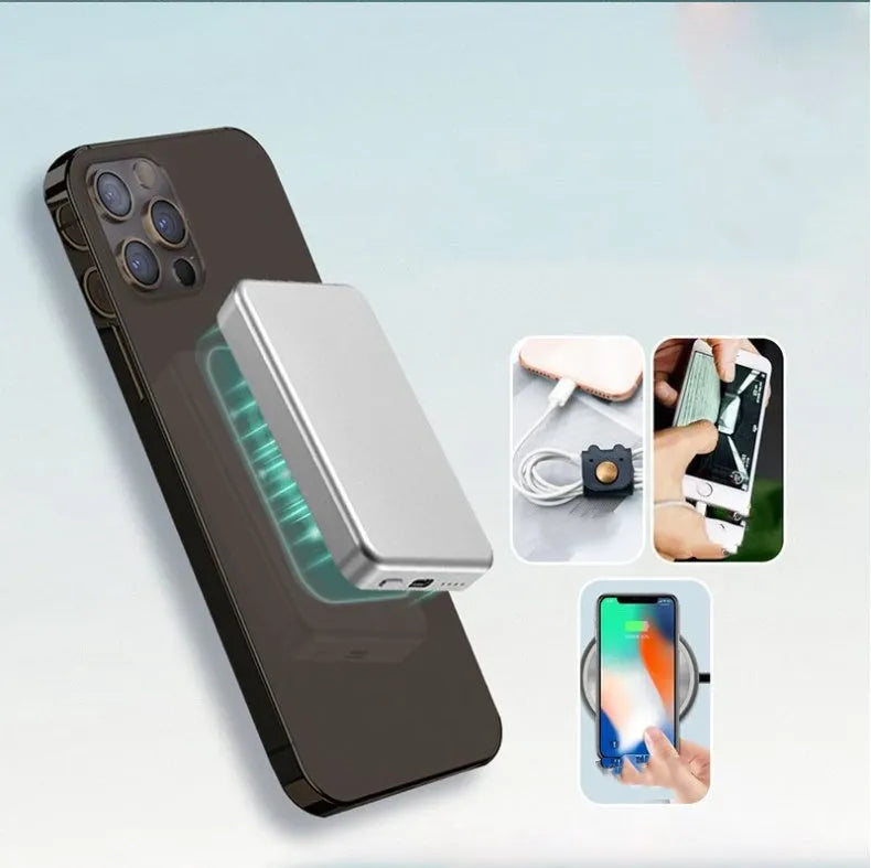 Silver aluminium wireless magnetic charging power bank for Apple devices, showing front and side views.