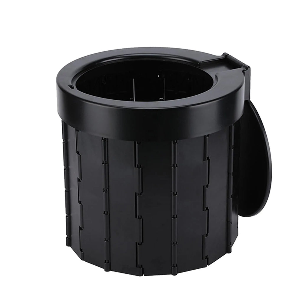 Portable car folding toilet in grey, oval shape, folded for storage