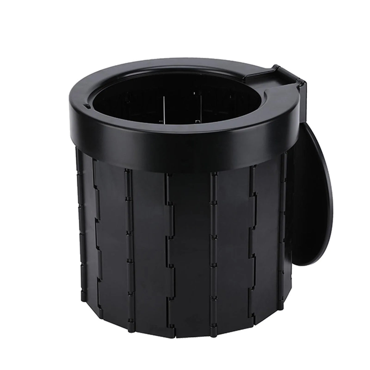 Portable car folding toilet in grey, oval shape, folded for storage