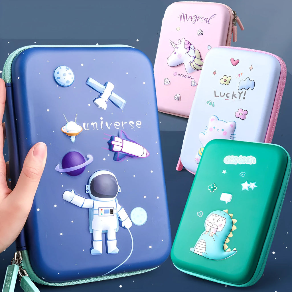 Children's large capacity EVA pencil case with cartoon astronaut design in blue with square shape and zipper