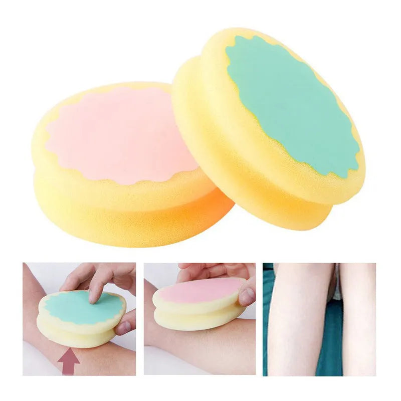 Pink and green reusable hair removal sponge pad in water drop shape, 9x10cm