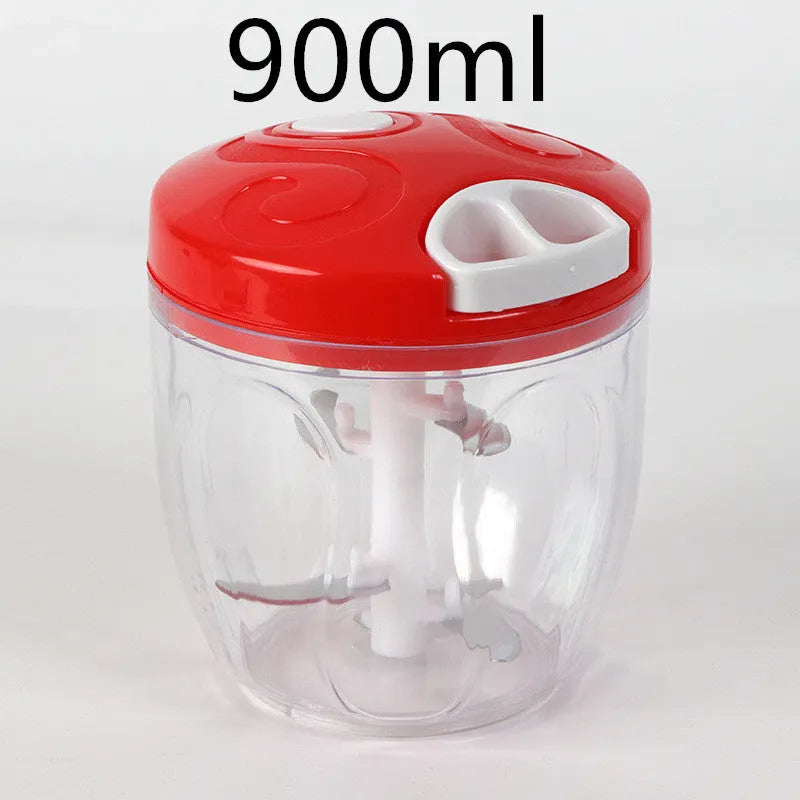 Green manual kitchen chopper with three stainless steel blades inside a clear 500ml bowl.