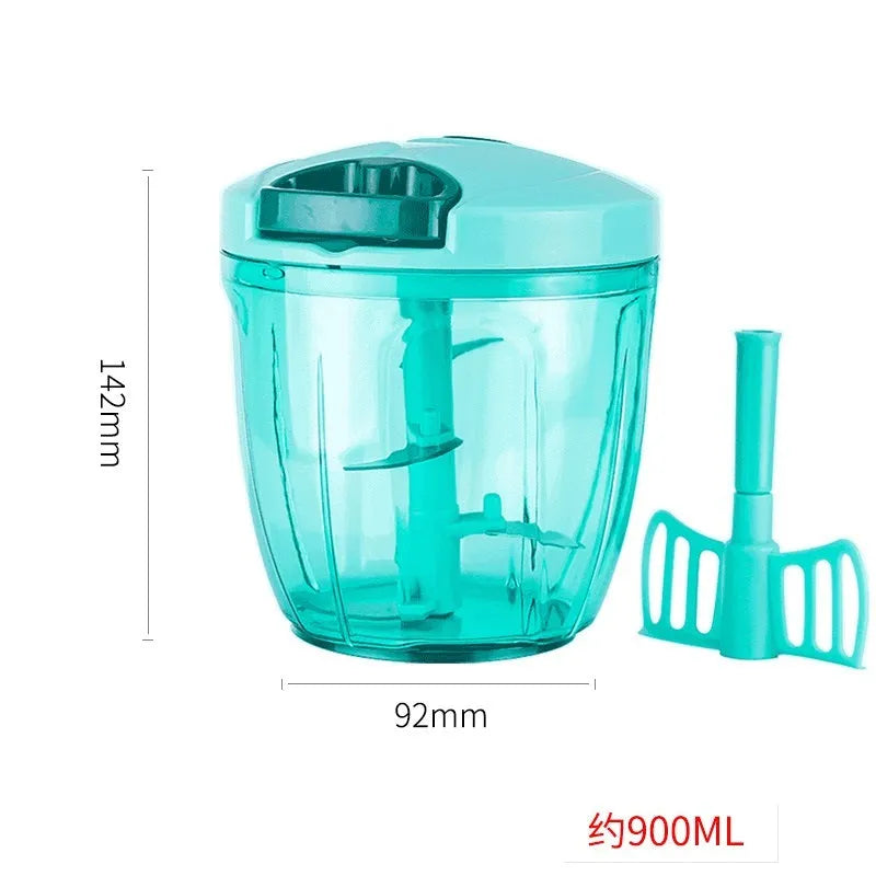 Green manual kitchen chopper with three stainless steel blades inside a clear 500ml bowl.