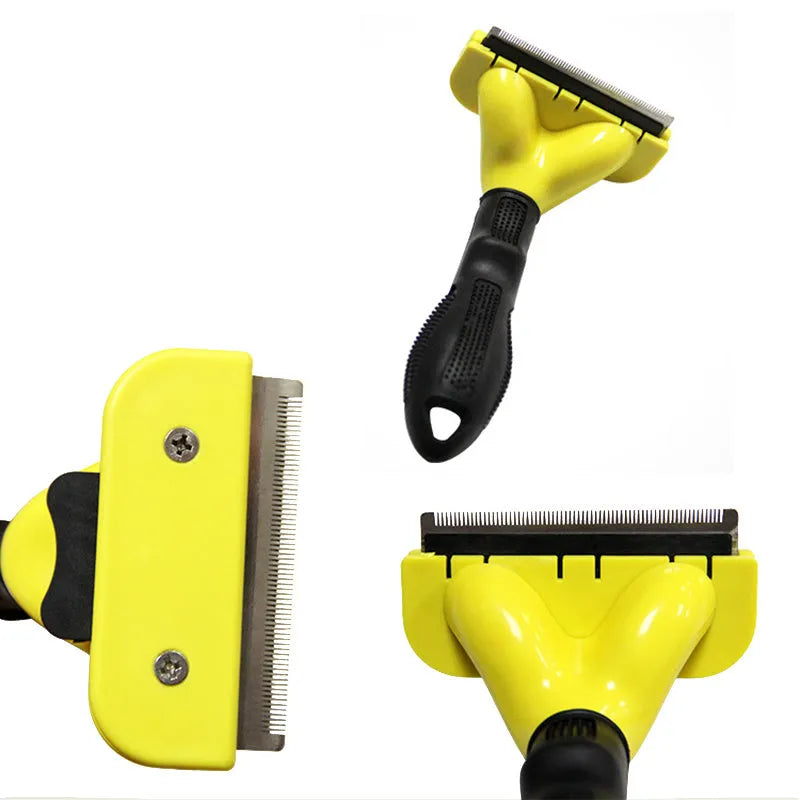 Solid yellow stainless steel pet grooming comb for dogs and cats, available in L M and S sizes