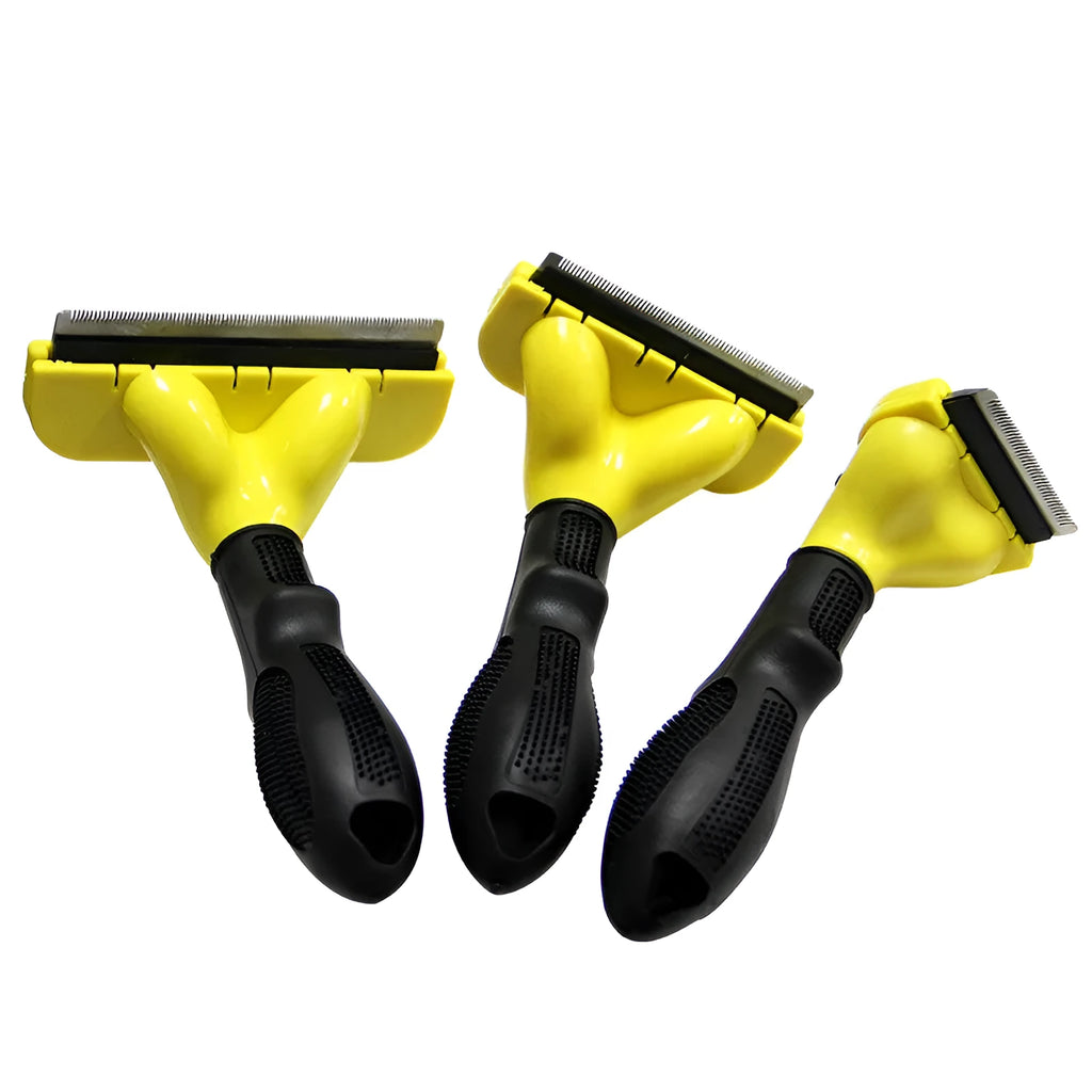 Solid yellow stainless steel pet grooming comb for dogs and cats, available in L M and S sizes