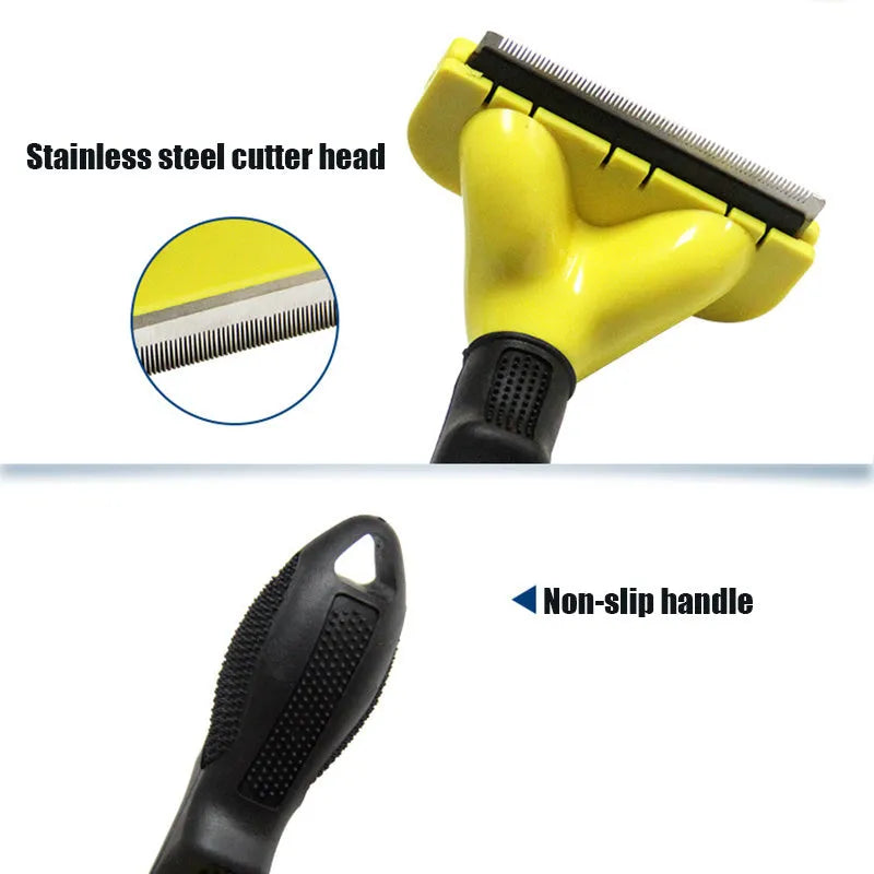 Solid yellow stainless steel pet grooming comb for dogs and cats, available in L M and S sizes