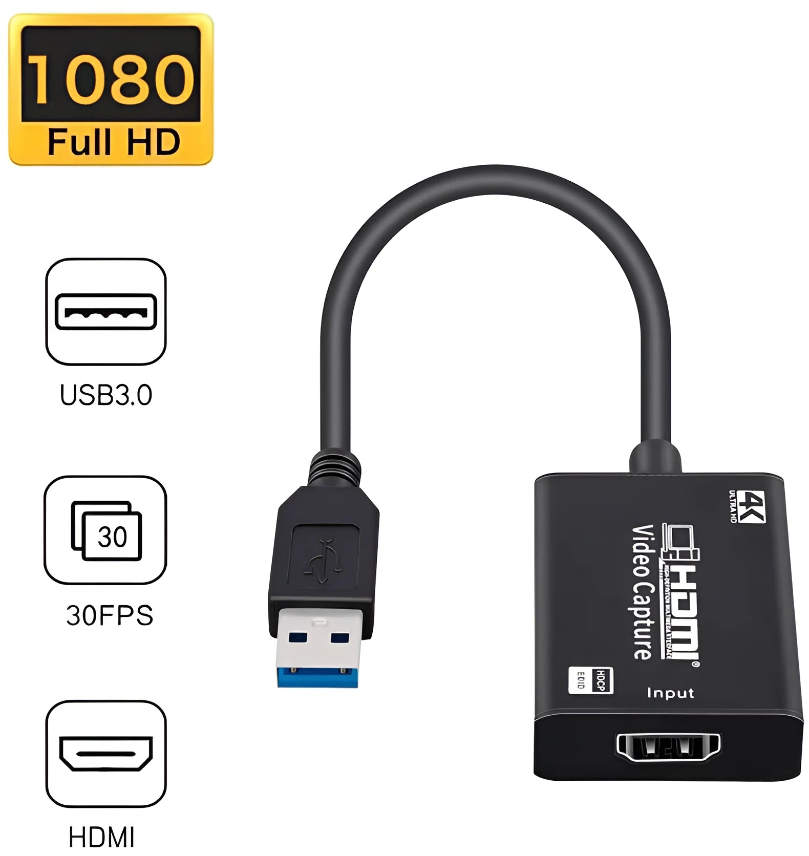 Black HDMI capture card with USB connector for 1080P game live broadcast streaming