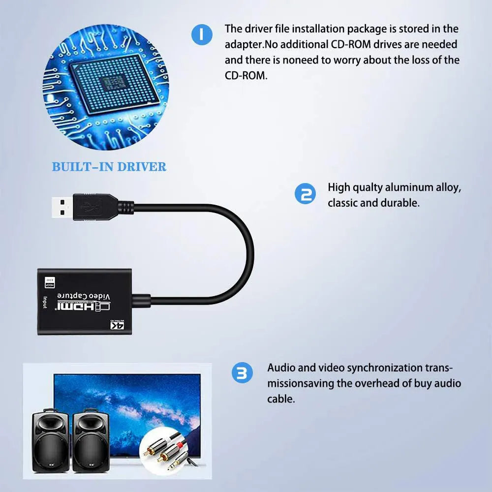 Black HDMI capture card with USB connector for 1080P game live broadcast streaming
