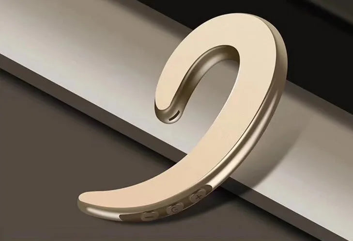 Black Bluetooth ear-hook earphones shown with ear-hook design and wireless connectivity.