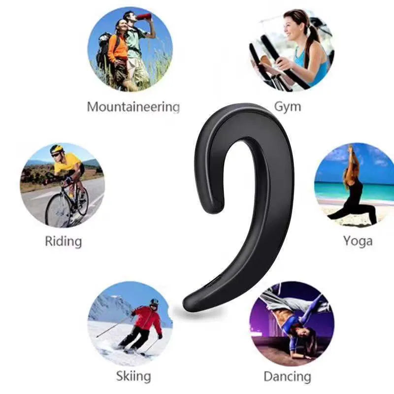 Black Bluetooth ear-hook earphones shown with ear-hook design and wireless connectivity.