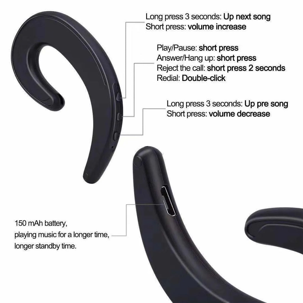 Black Bluetooth ear-hook earphones shown with ear-hook design and wireless connectivity.