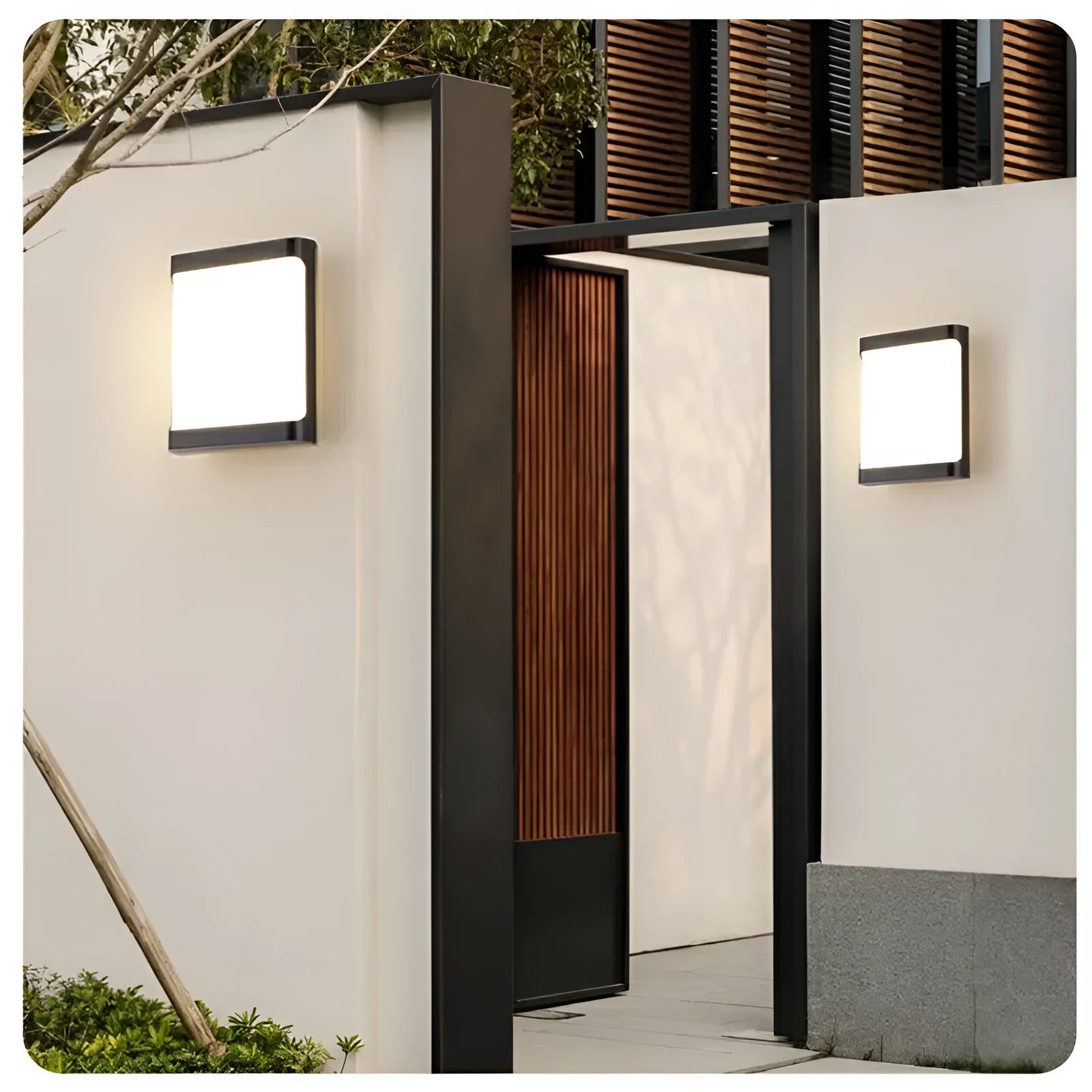 Square outdoor LED wall light with aluminium housing, shown mounted on a wall.