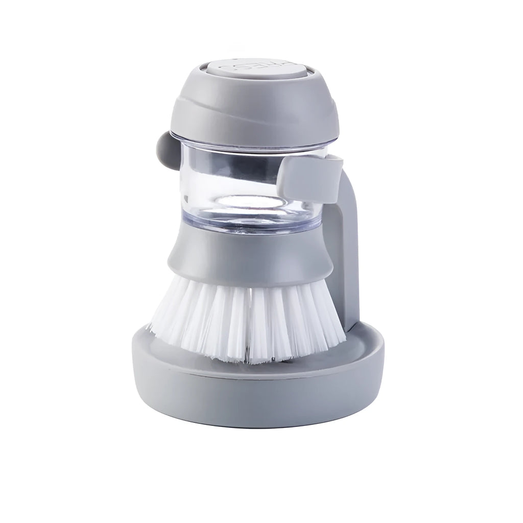 Grey automatic liquid adding cleaning brush with scraper edge, 5.5 x 4 x 8.5 cm, for kitchen pots pans and sinks