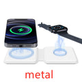 White foldable magnetic wireless charging dock showing dual charging areas and USB Type-C port.