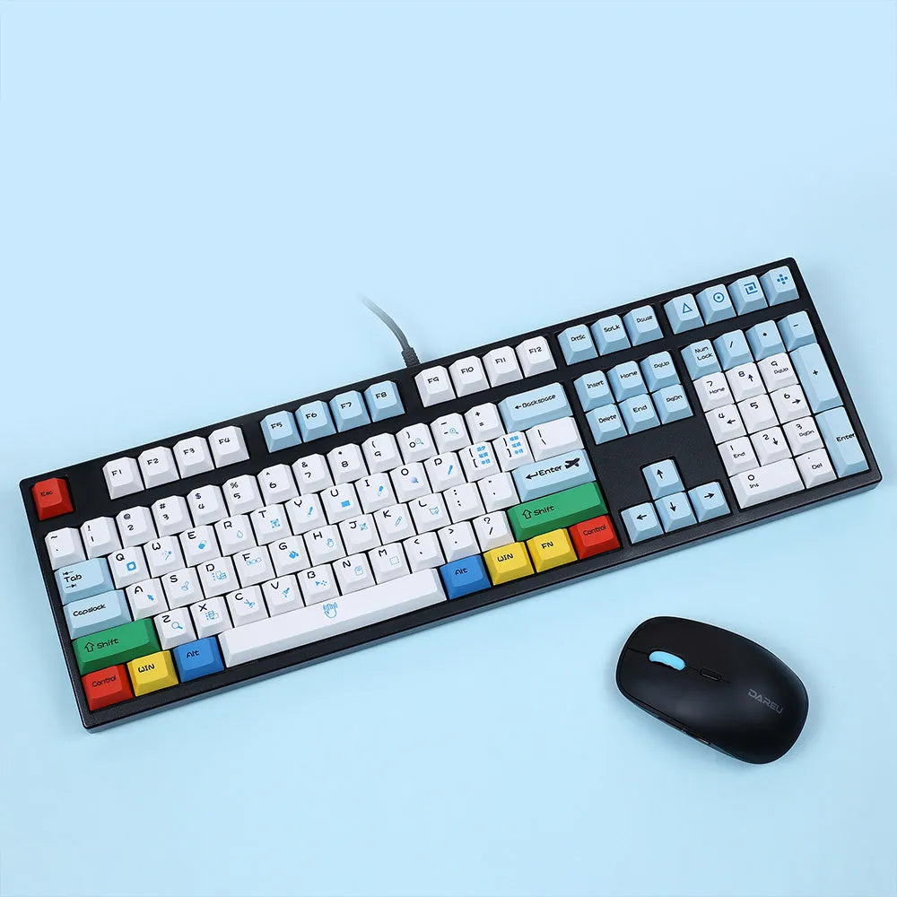 PS theme mechanical keyboard keycap set showing blue and white design with supplementary RGBK coloured keys