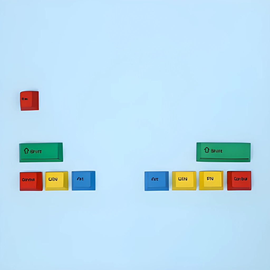 PS theme mechanical keyboard keycap set showing blue and white design with supplementary RGBK coloured keys