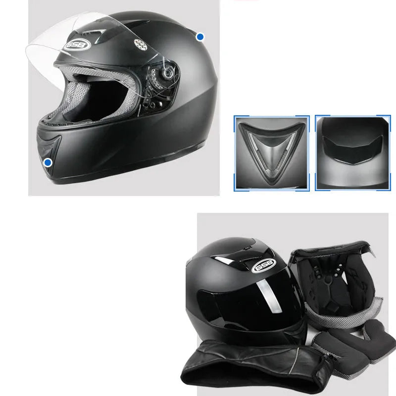 Blue ABS full face motorcycle helmet with integrated sun visor and quick release chin strap
