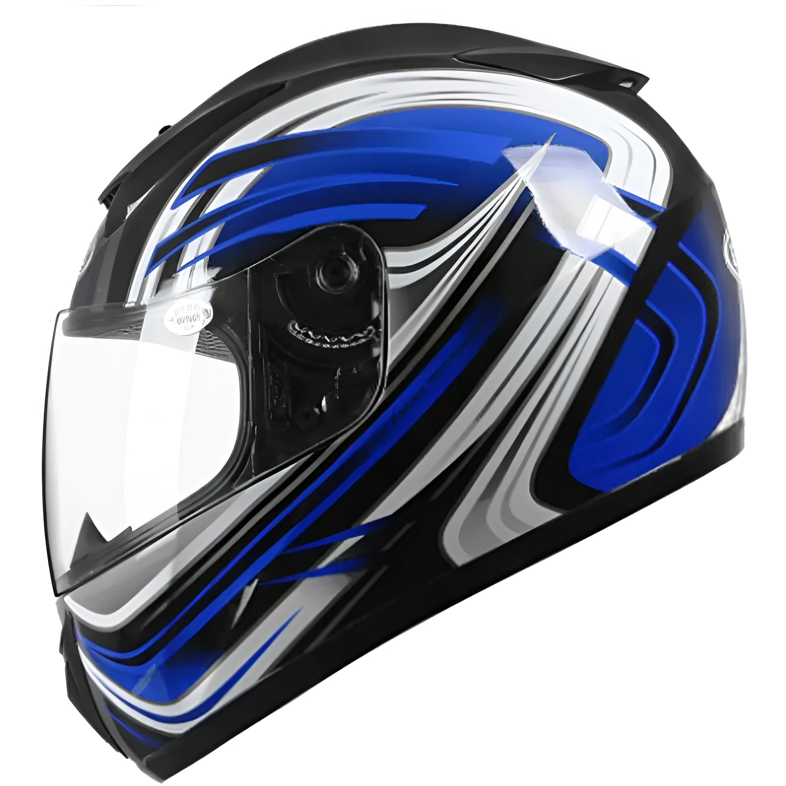 Blue ABS full face motorcycle helmet with integrated sun visor and quick release chin strap